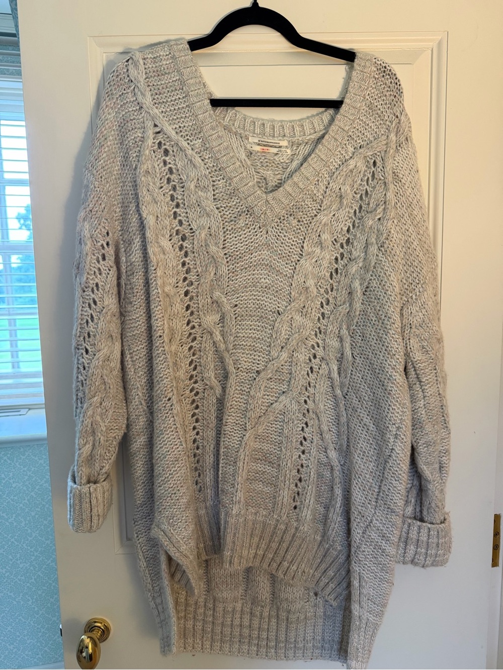 Anthropologie Light Gray Cable Knit V-Neck Sweater